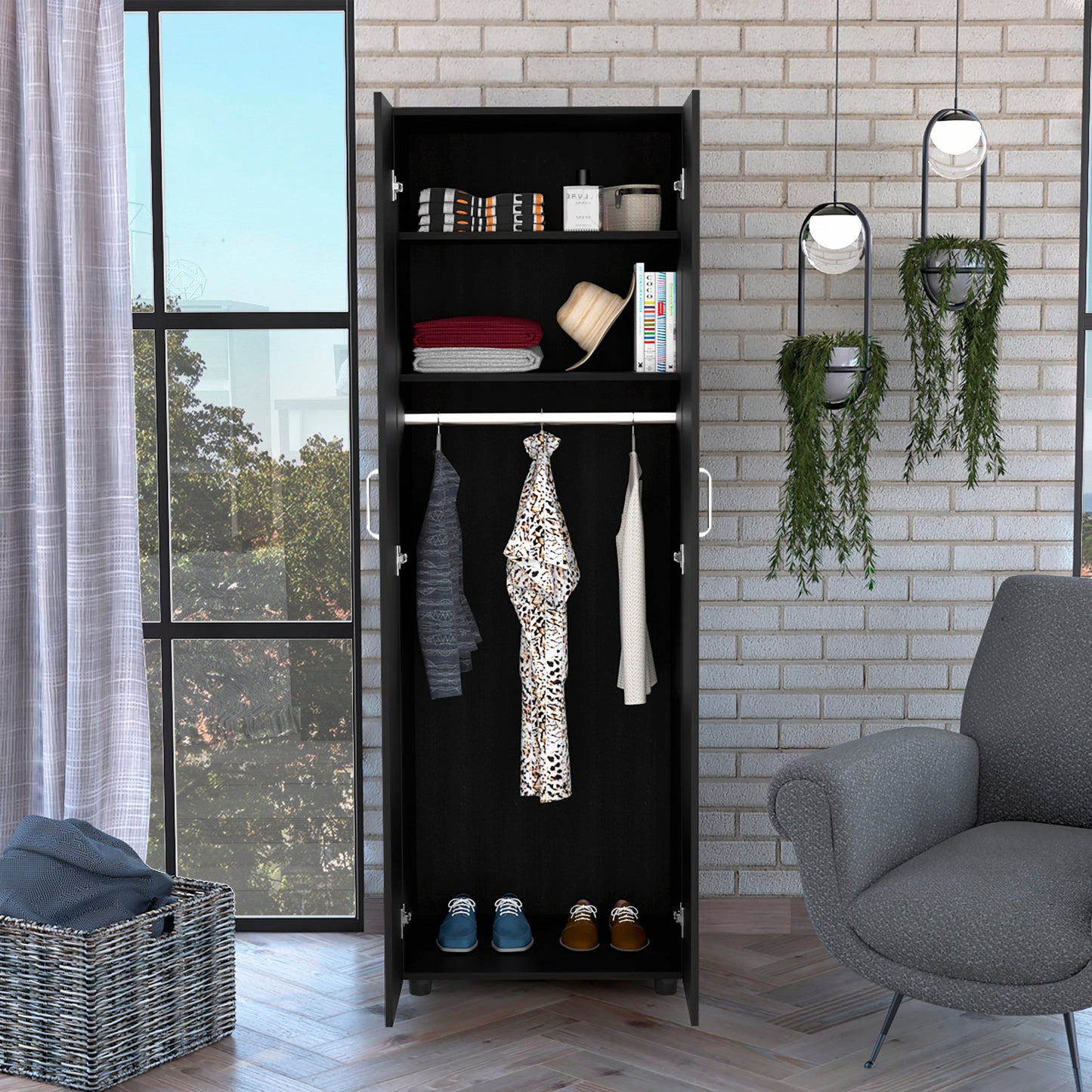 71" Black Tall Two Door Closet By Homeroots | Armoires & Wardrobes | Modishstore - 5