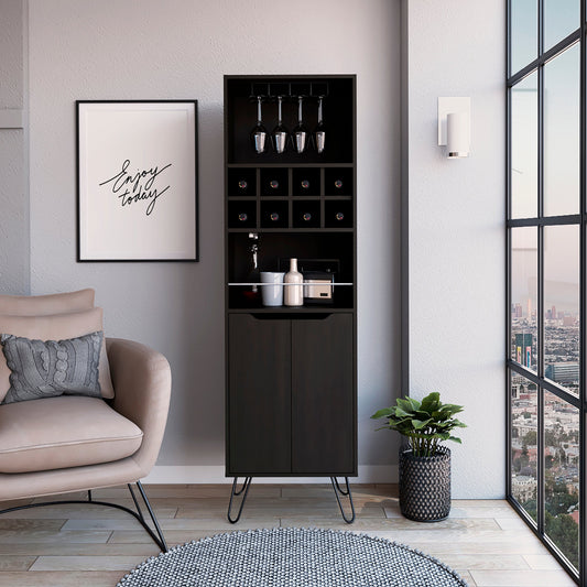 Black Tall Bar Cabinet with Two Door Panels and Top Wine Glass Rack By Homeroots | Cabinets | Modishstore