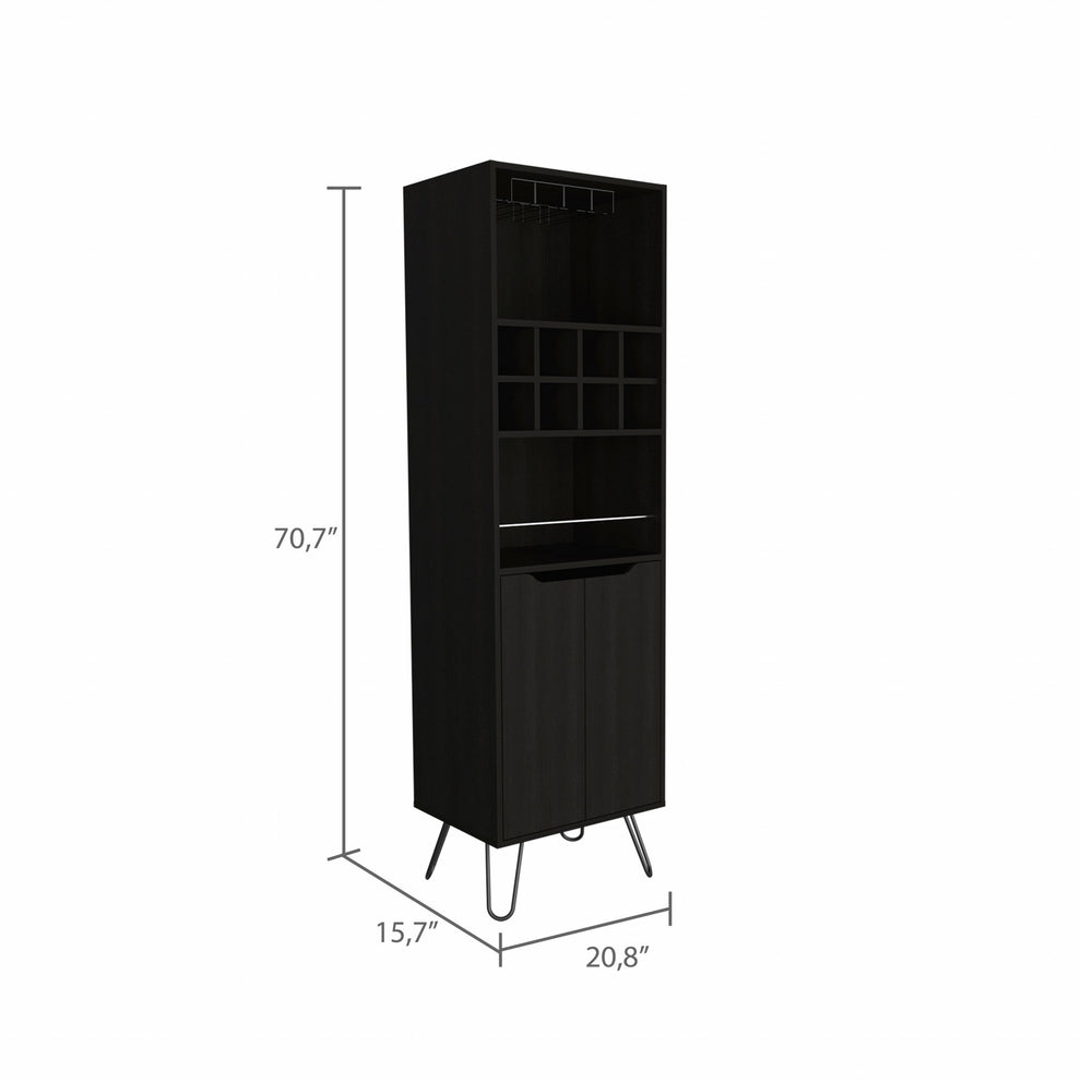 Black Tall Bar Cabinet with Two Door Panels and Top Wine Glass Rack By Homeroots | Cabinets | Modishstore - 3