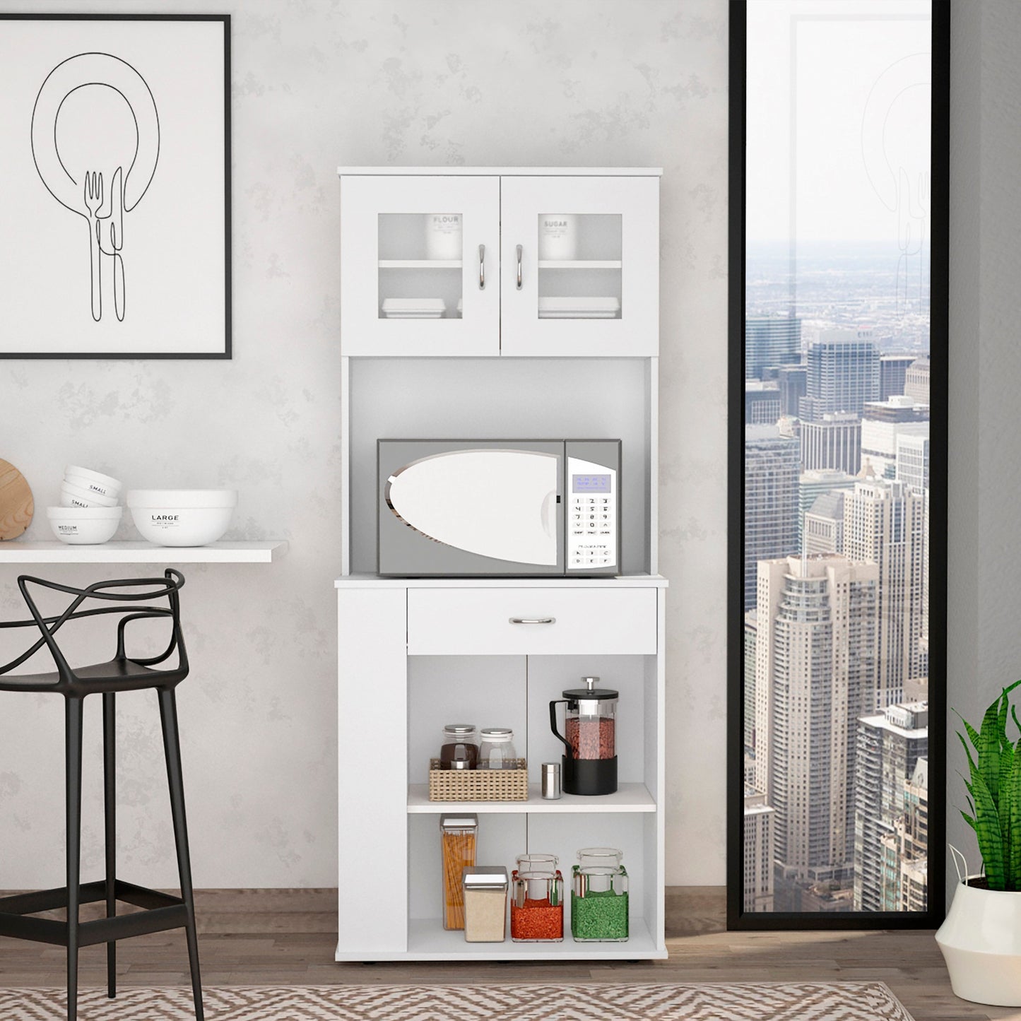White Pantry Cabinet with Two Door Panels and Side Open Shelves By Homeroots | Cabinets | Modishstore - 2