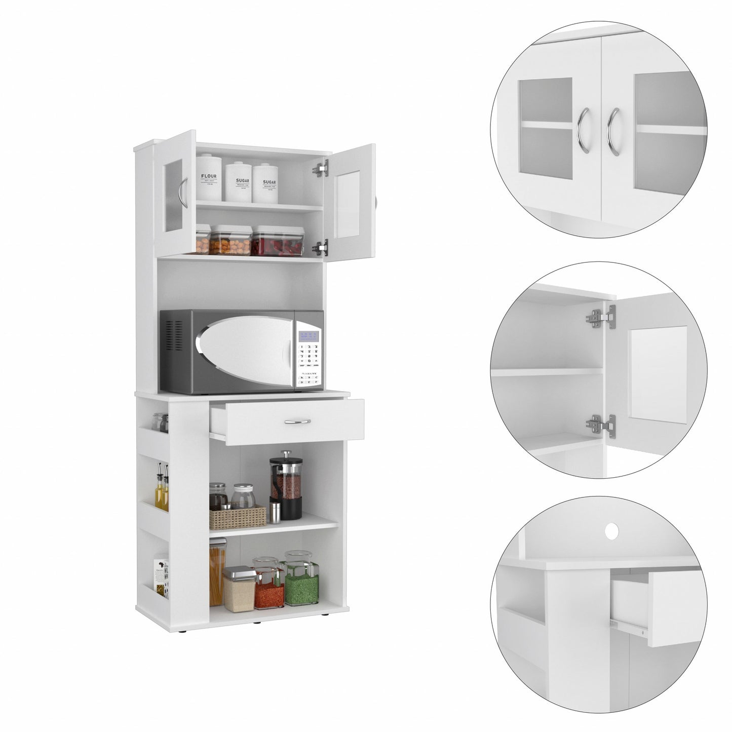 White Pantry Cabinet with Two Door Panels and Side Open Shelves By Homeroots | Cabinets | Modishstore - 6