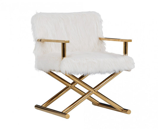 Stylish White Faux Fur And Gold Steel Chair By Homeroots | Accent Chairs | Modishstore