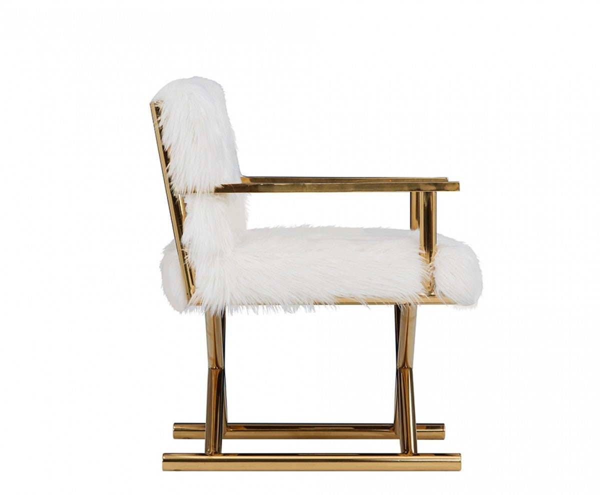 Stylish White Faux Fur And Gold Steel Chair By Homeroots | Accent Chairs | Modishstore - 3