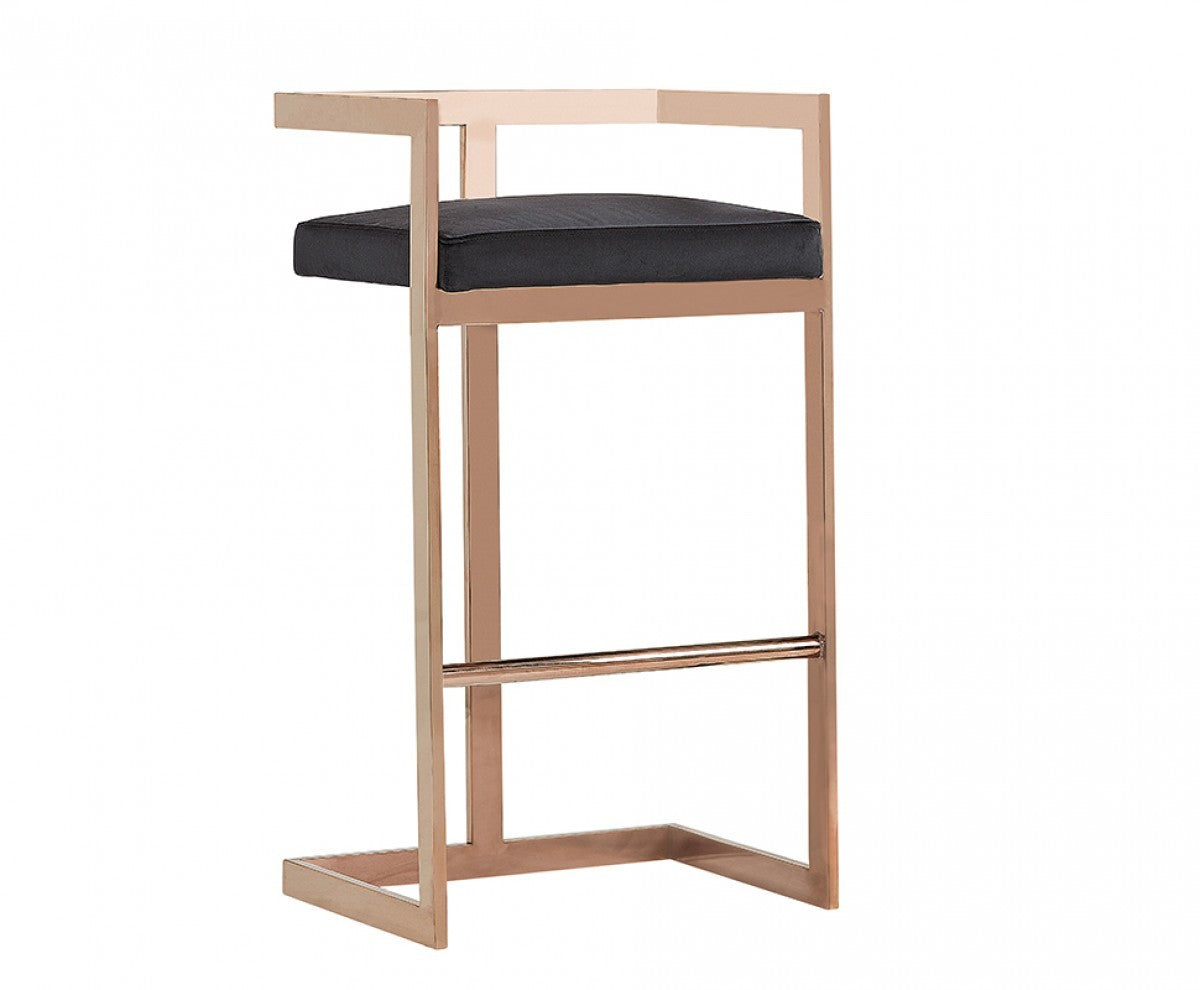 35" Black Velvet And Rosegold Low Back Bar Height Chair With Footrest By Homeroots | Bar Stools | Modishstore