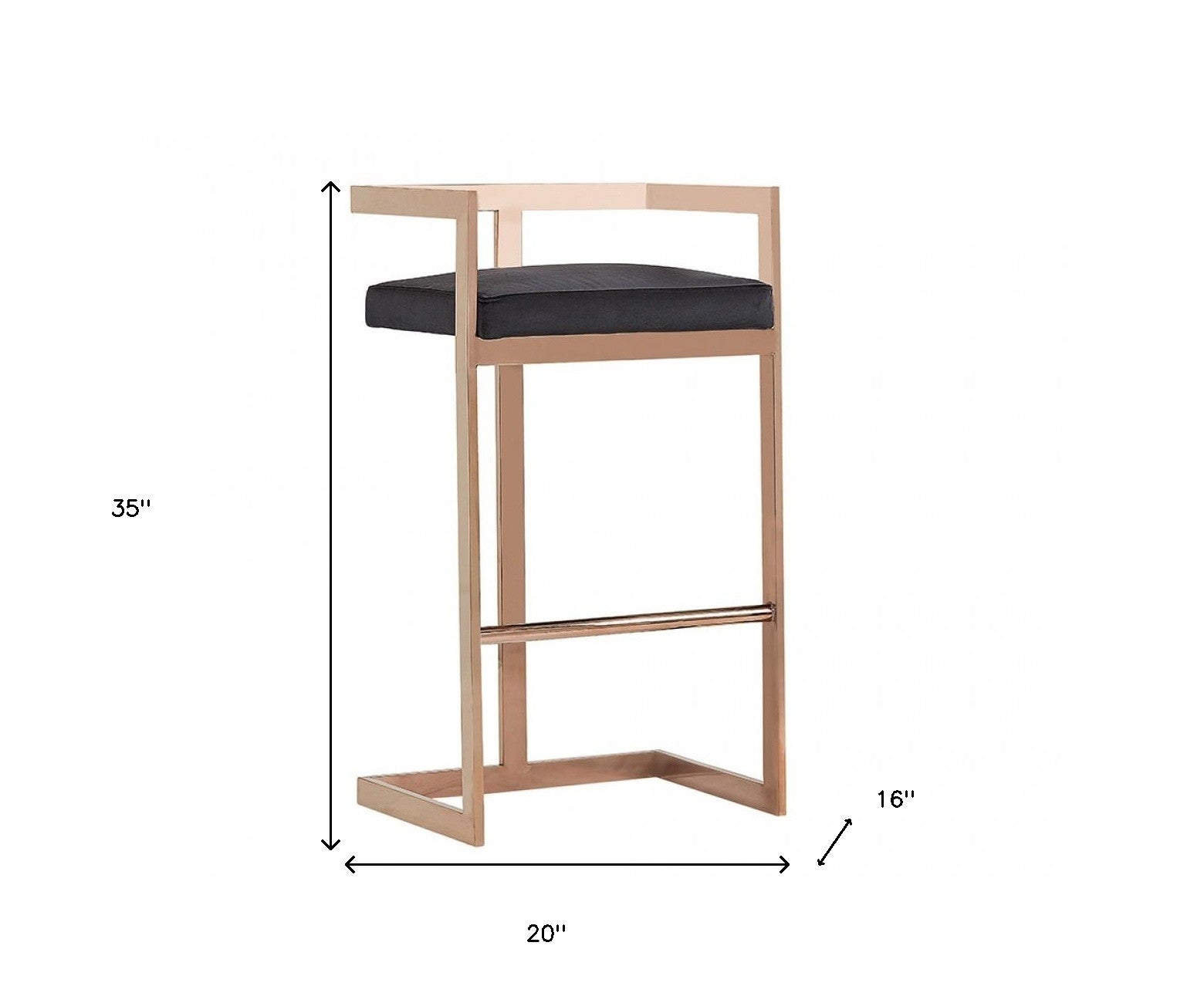 35" Black Velvet And Rosegold Low Back Bar Height Chair With Footrest By Homeroots | Bar Stools | Modishstore - 6