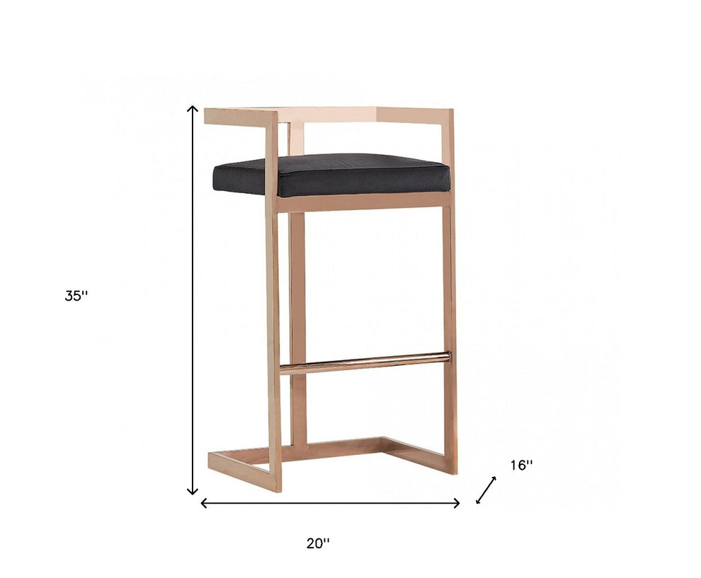 35" Black Velvet And Rosegold Low Back Bar Height Chair With Footrest By Homeroots | Bar Stools | Modishstore - 6