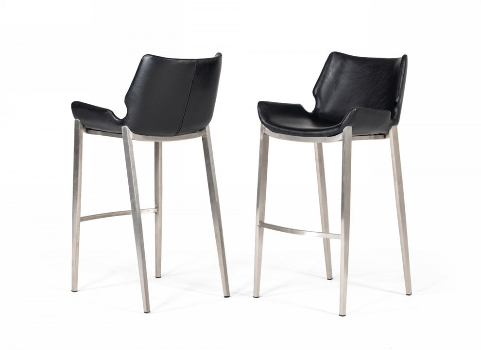 Set Of Two 42" Black Faux Leather And Steel Low Back Bar Height Chairs With Footrest By Homeroots | Bar Stools | Modishstore - 6
