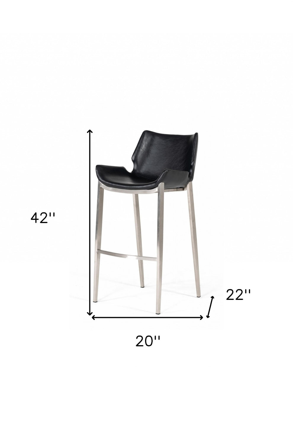 Set Of Two 42" Black Faux Leather And Steel Low Back Bar Height Chairs With Footrest By Homeroots | Bar Stools | Modishstore - 7