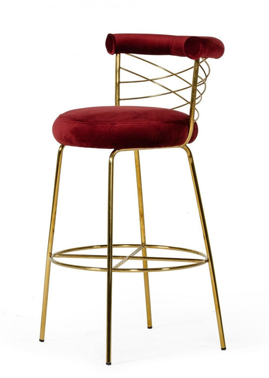 39" Red And Gold Velvet Low Back Bar Height Chair With Footrest By Homeroots