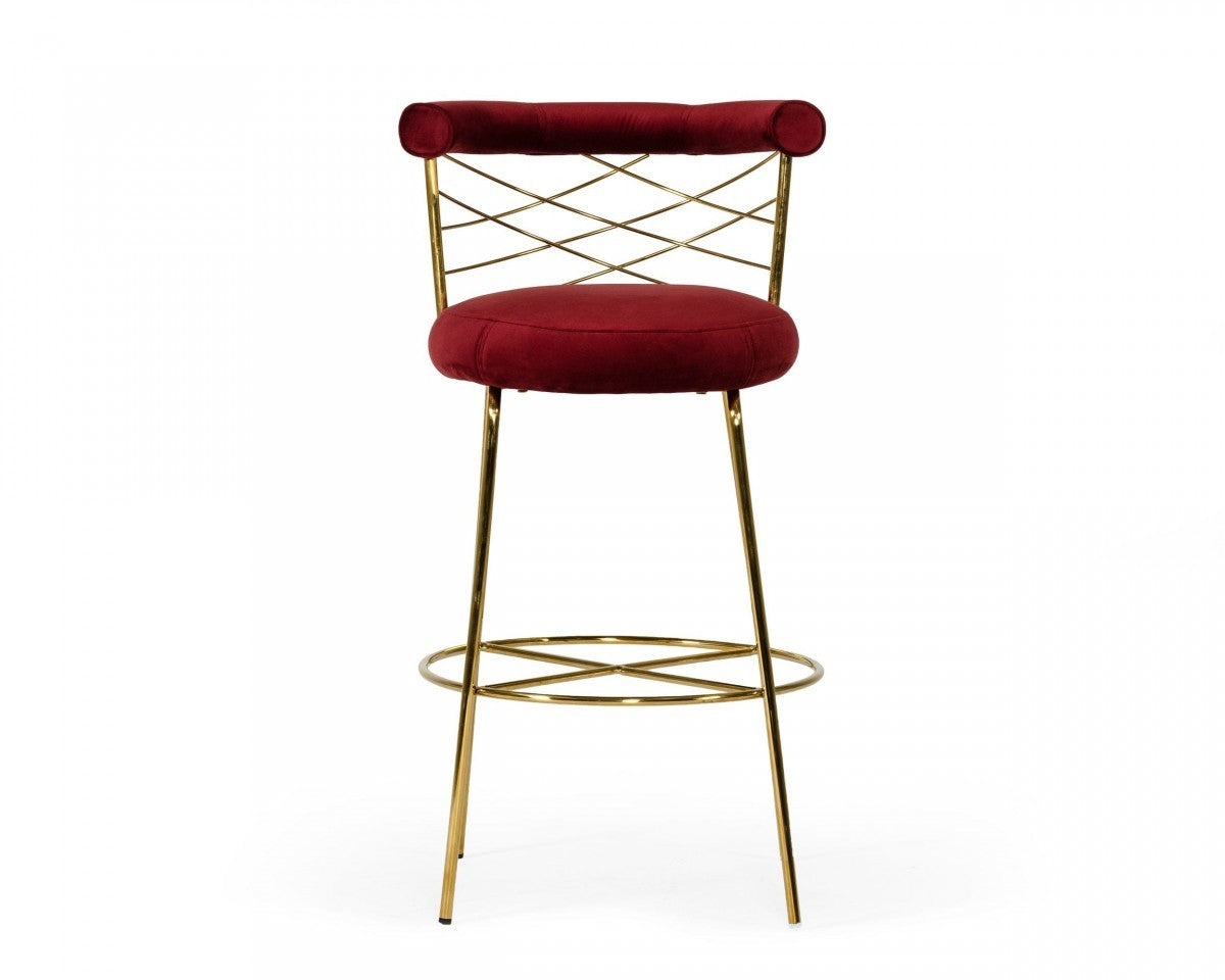 39" Red And Gold Velvet Low Back Bar Height Chair With Footrest By Homeroots | Bar Stools | Modishstore - 2