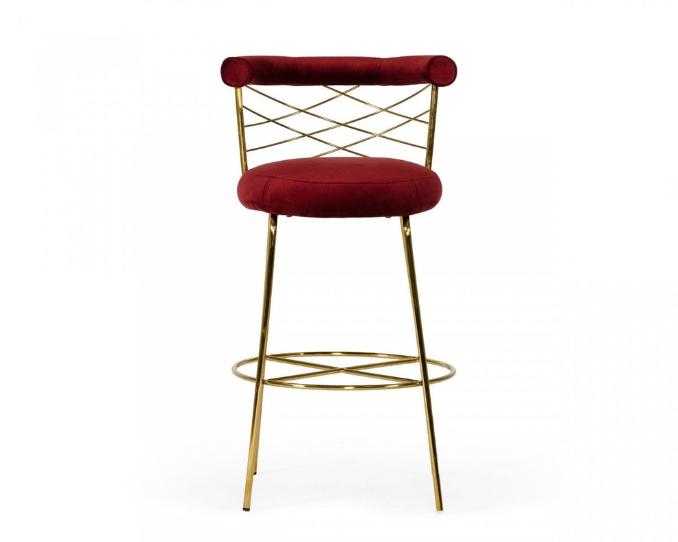 39" Red And Gold Velvet Low Back Bar Height Chair With Footrest By Homeroots | Bar Stools | Modishstore - 2