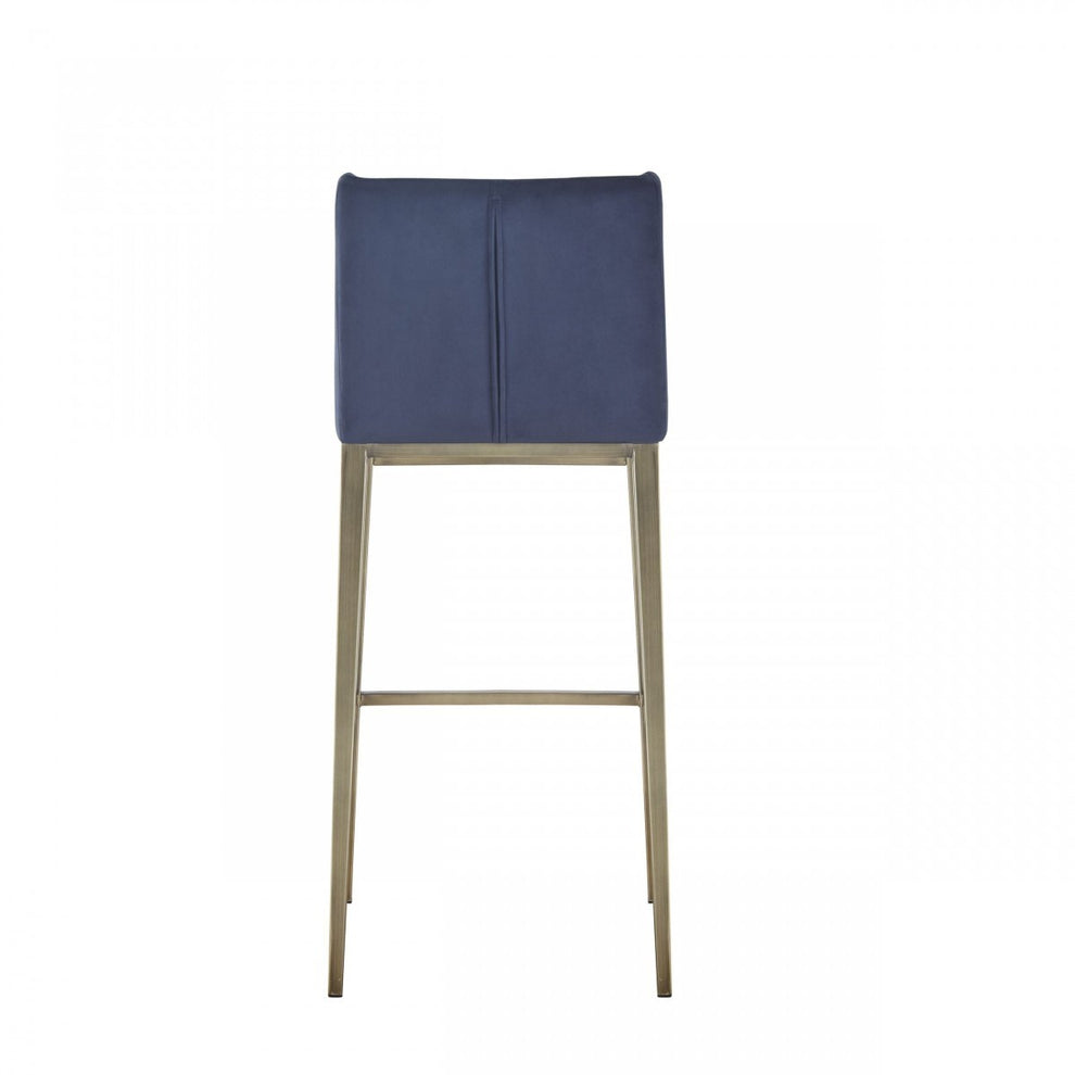 Set Of Two 41" Blue Velvet And Antiqued Gold Bar Height Chairs With Footrest By Homeroots | Bar Stools | Modishstore - 3