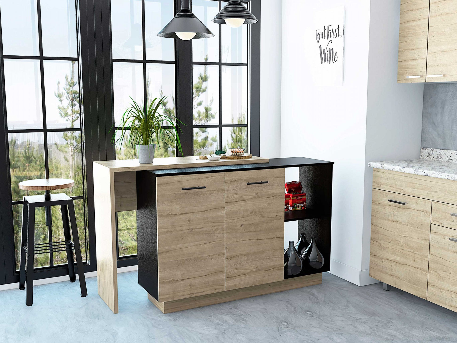 Black and Light Oak Contemporary Kitchen Island with Bar Table By Homeroots | Kitchen Carts | Modishstore