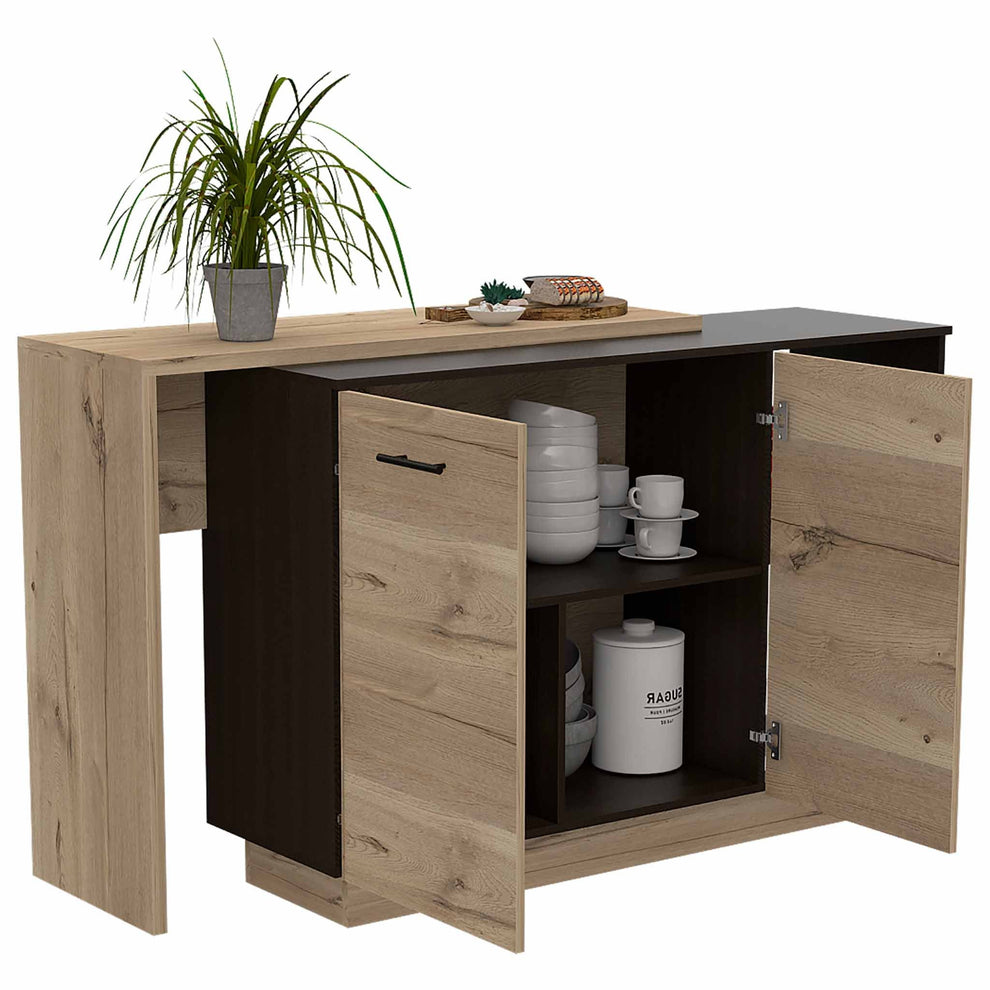 Black and Light Oak Contemporary Kitchen Island with Bar Table By Homeroots | Kitchen Carts | Modishstore - 2