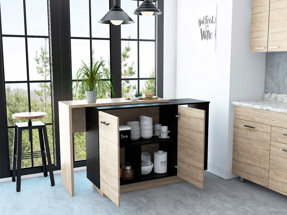 Black and Light Oak Contemporary Kitchen Island with Bar Table By Homeroots | Kitchen Carts | Modishstore - 4