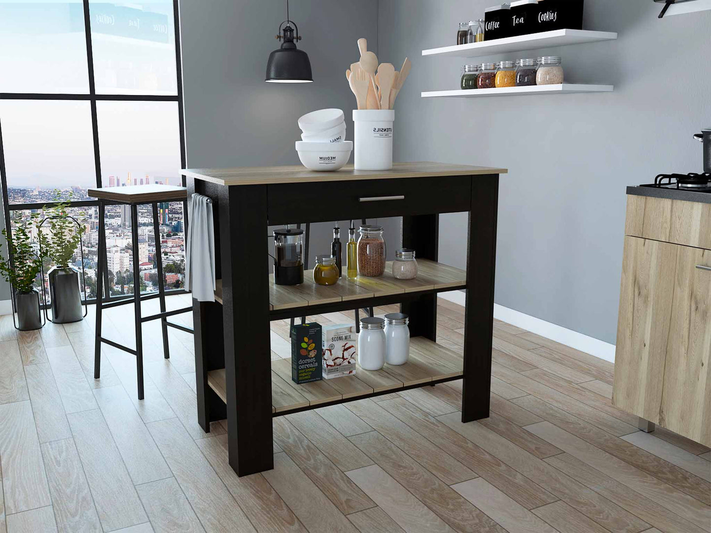 Light Oak and Black Kitchen Island with Drawer and Two Open Shelves By Homeroots | Kitchen Carts | Modishstore