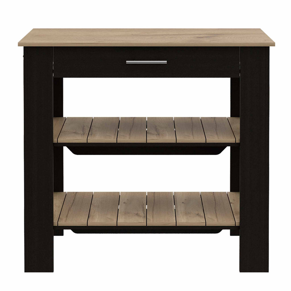 Light Oak and Black Kitchen Island with Drawer and Two Open Shelves By Homeroots | Kitchen Carts | Modishstore - 2