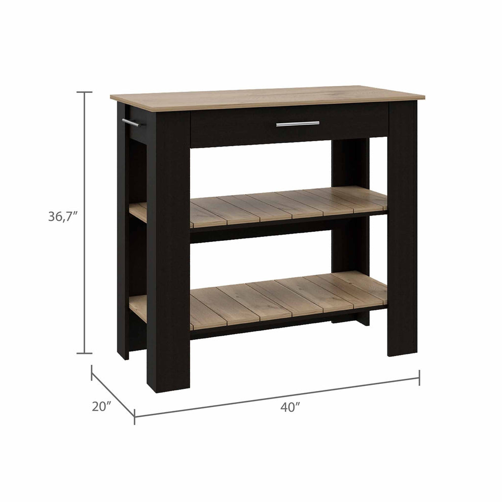 Light Oak and Black Kitchen Island with Drawer and Two Open Shelves By Homeroots | Kitchen Carts | Modishstore - 3