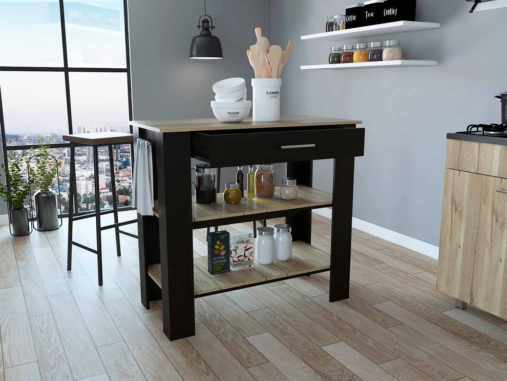 Light Oak and Black Kitchen Island with Drawer and Two Open Shelves By Homeroots | Kitchen Carts | Modishstore - 4