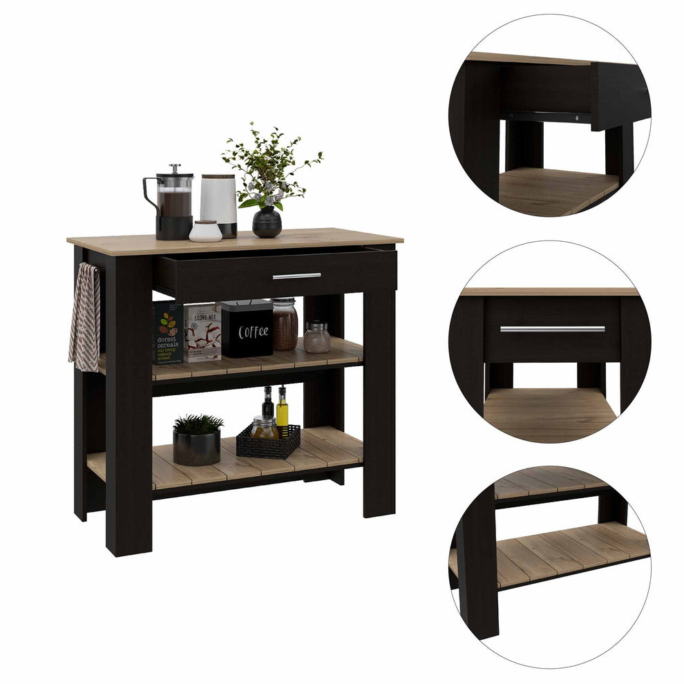 Light Oak and Black Kitchen Island with Drawer and Two Open Shelves By Homeroots | Kitchen Carts | Modishstore - 5