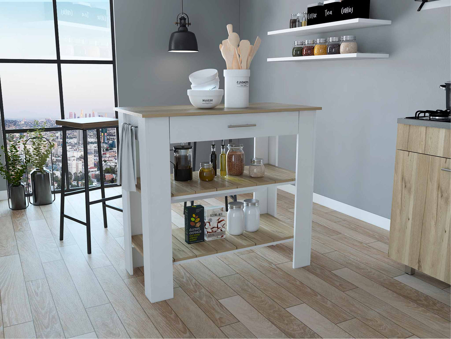 Light Oak and White Kitchen Island with Drawer and Two Open Shelves By Homeroots | Kitchen Carts | Modishstore