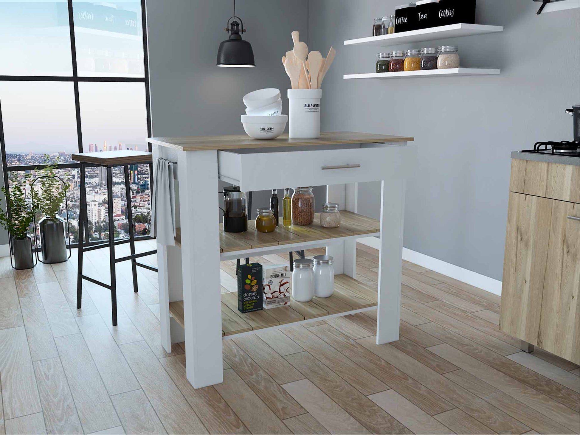 Light Oak and White Kitchen Island with Drawer and Two Open Shelves By Homeroots | Kitchen Carts | Modishstore - 3