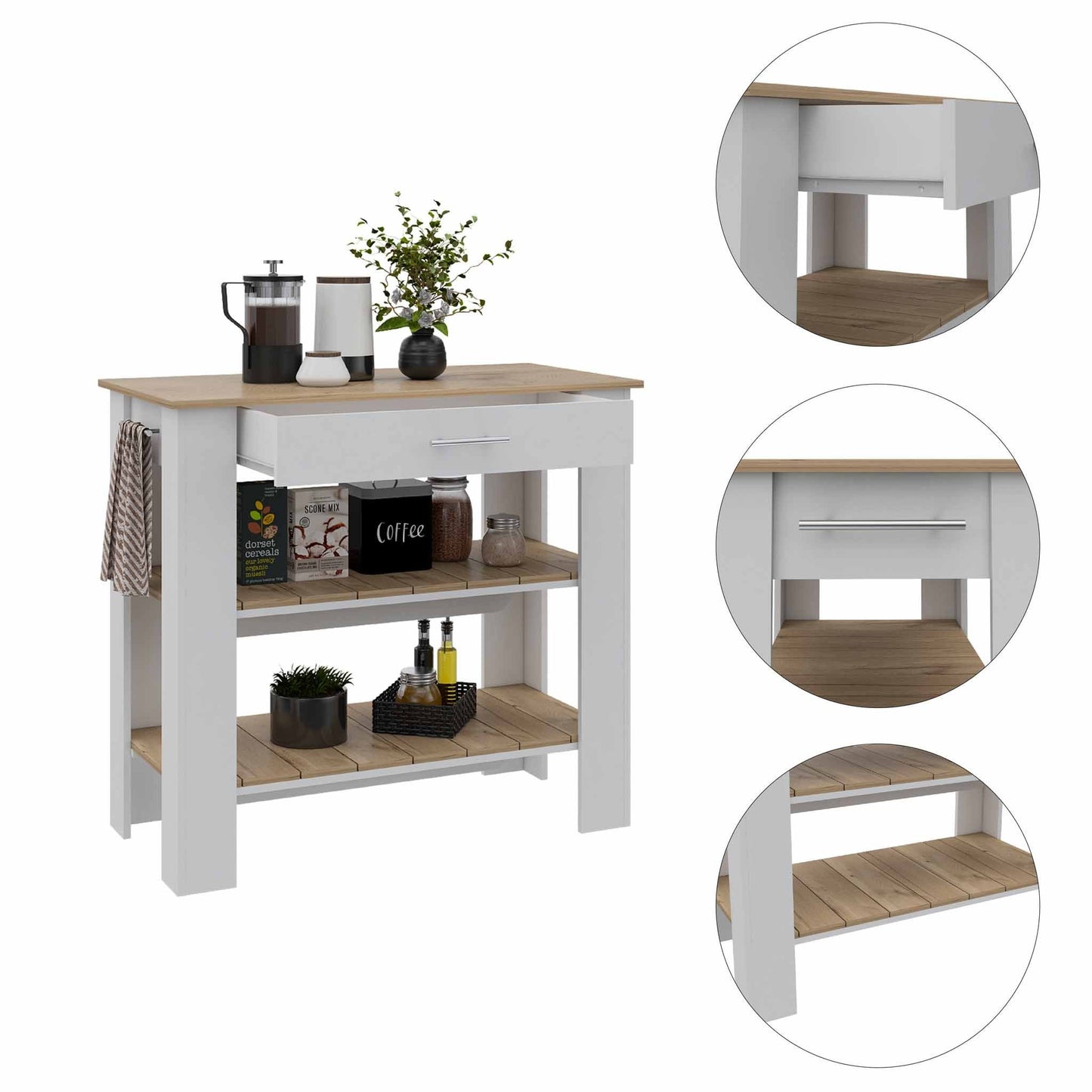 Light Oak and White Kitchen Island with Drawer and Two Open Shelves By Homeroots | Kitchen Carts | Modishstore - 4