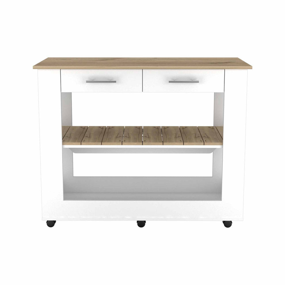 Light Oak and White Kitchen Island with Drawer Shelves and Casters By Homeroots | Kitchen Carts | Modishstore - 2