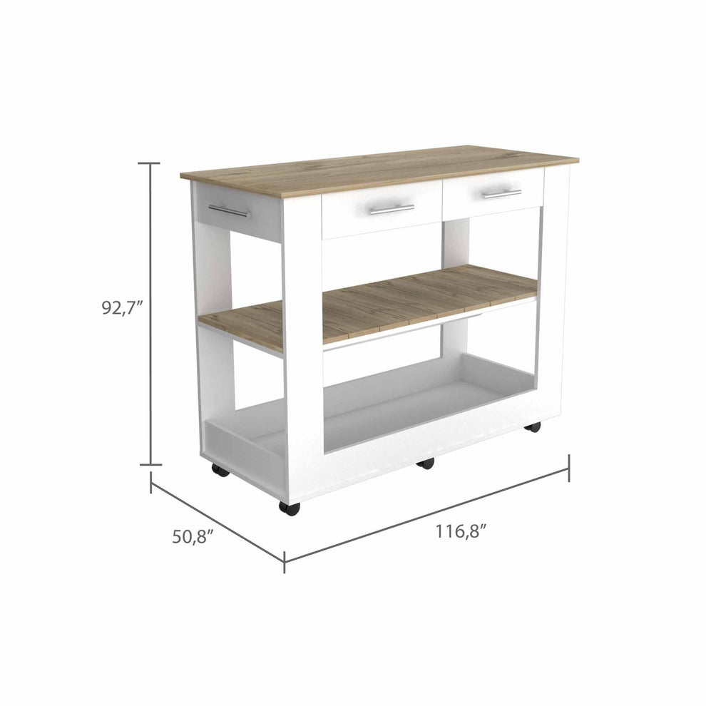 Light Oak and White Kitchen Island with Drawer Shelves and Casters By Homeroots | Kitchen Carts | Modishstore - 3