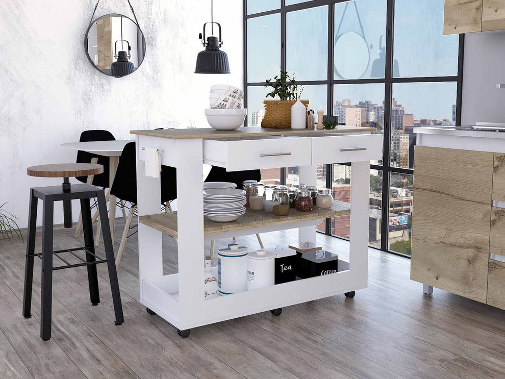 Light Oak and White Kitchen Island with Drawer Shelves and Casters By Homeroots | Kitchen Carts | Modishstore - 4