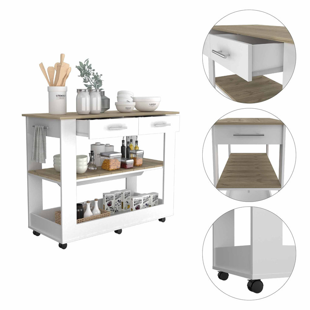 Light Oak and White Kitchen Island with Drawer Shelves and Casters By Homeroots | Kitchen Carts | Modishstore - 5