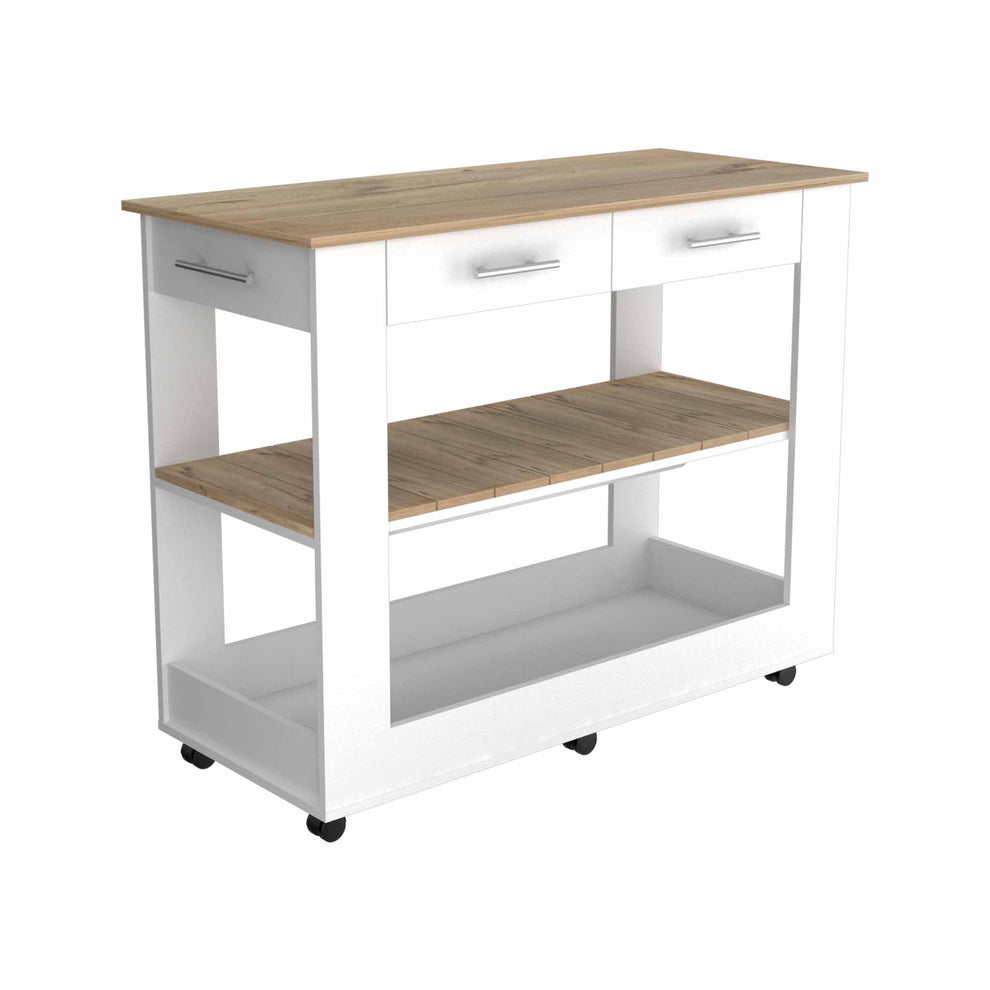 Light Oak and White Kitchen Island with Drawer Shelves and Casters By Homeroots | Kitchen Carts | Modishstore - 6