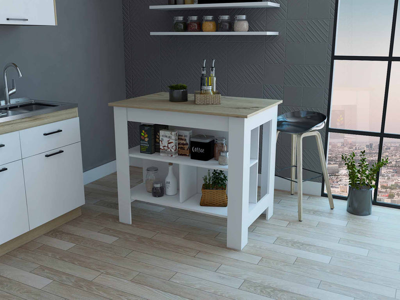 Light Oak and White Kitchen Island with Three Storage Shelves By Homeroots | Kitchen Carts | Modishstore