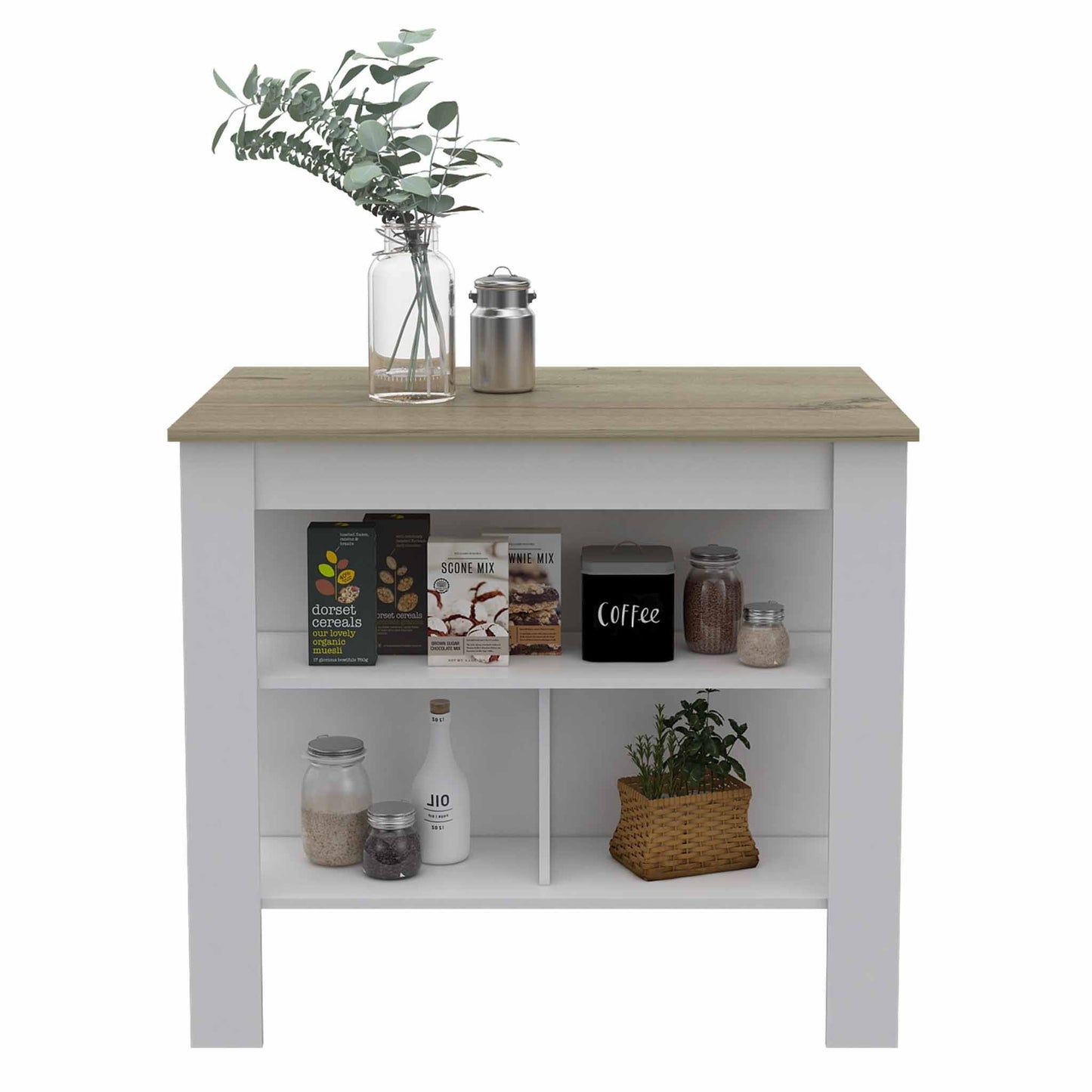 Light Oak and White Kitchen Island with Three Storage Shelves By Homeroots | Kitchen Carts | Modishstore - 5