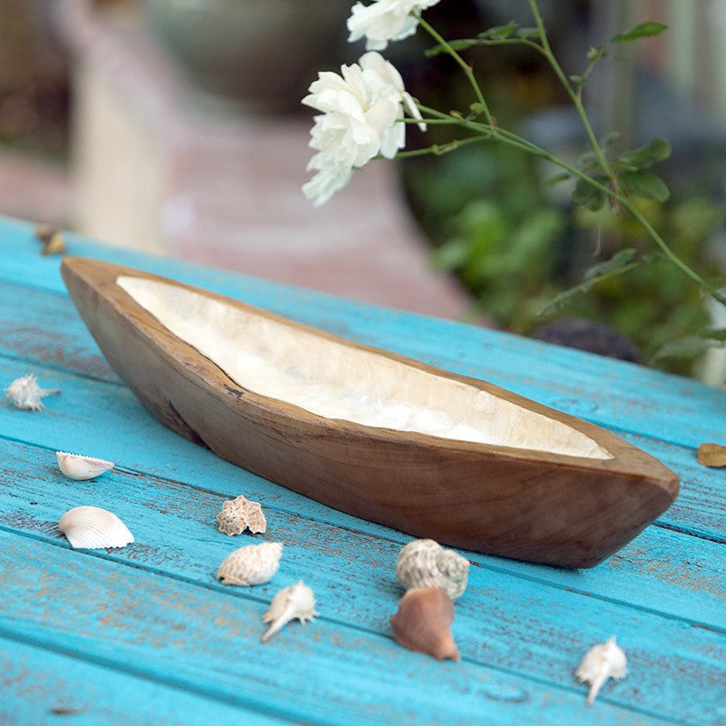 Garden Age Supply Habini Teak Bowl Inlay Shell Boat Shape - Set Of 2 | Decorative Bowls | Modishstore
