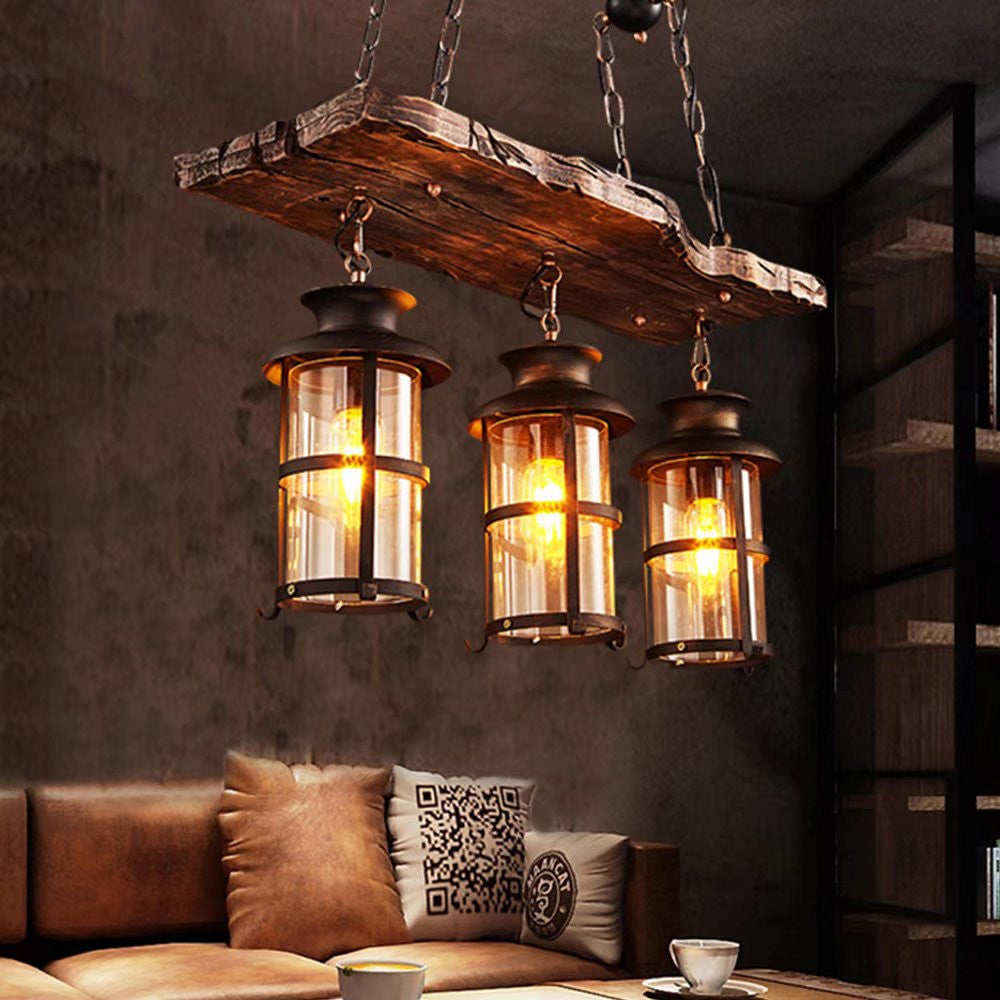 Rustic Wood and Metal Three Light Hanging Lantern Chandelier By Homeroots | Chandeliers | Modishstore