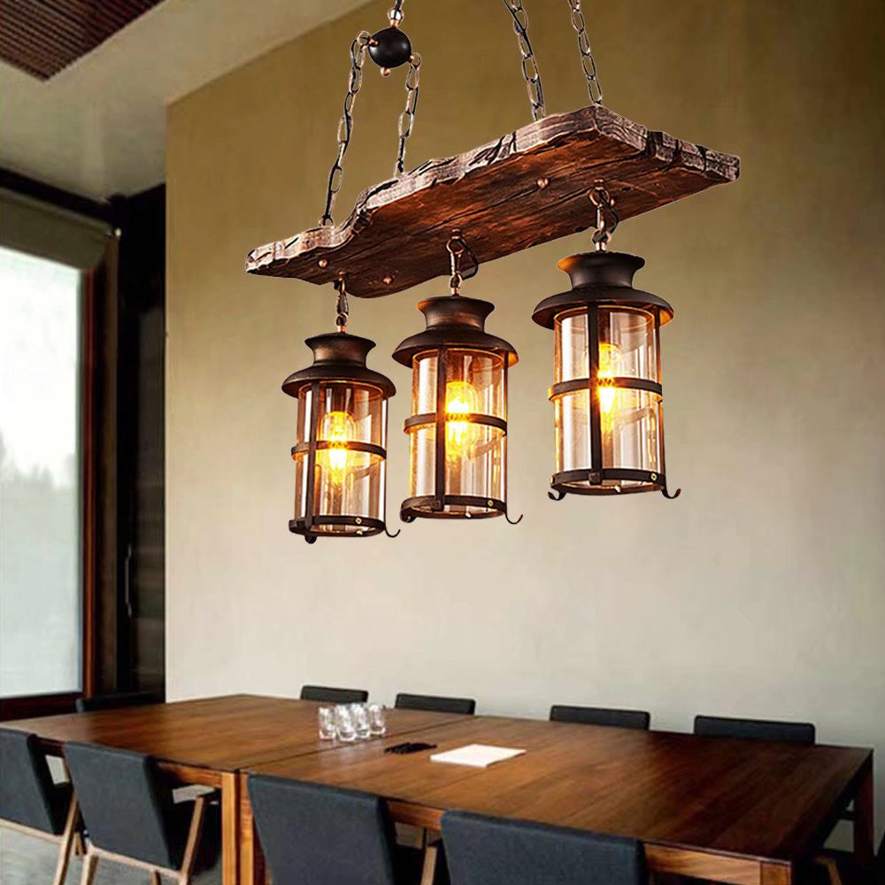 Rustic Wood and Metal Three Light Hanging Lantern Chandelier By Homeroots | Chandeliers | Modishstore - 3