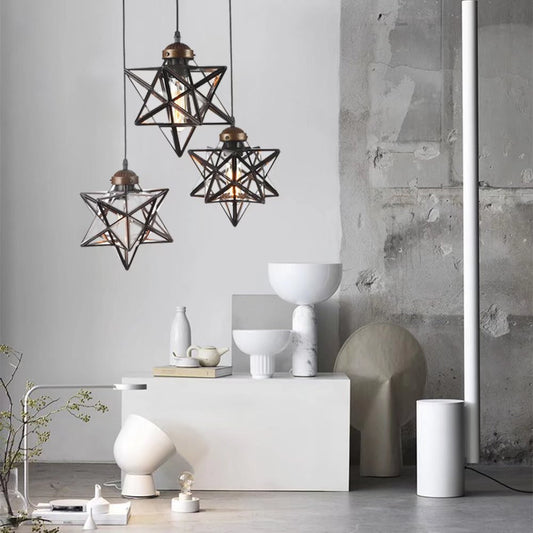 Brown Metal and Glass Star Geometric Hanging Lamp By Homeroots | Chandeliers | Modishstore
