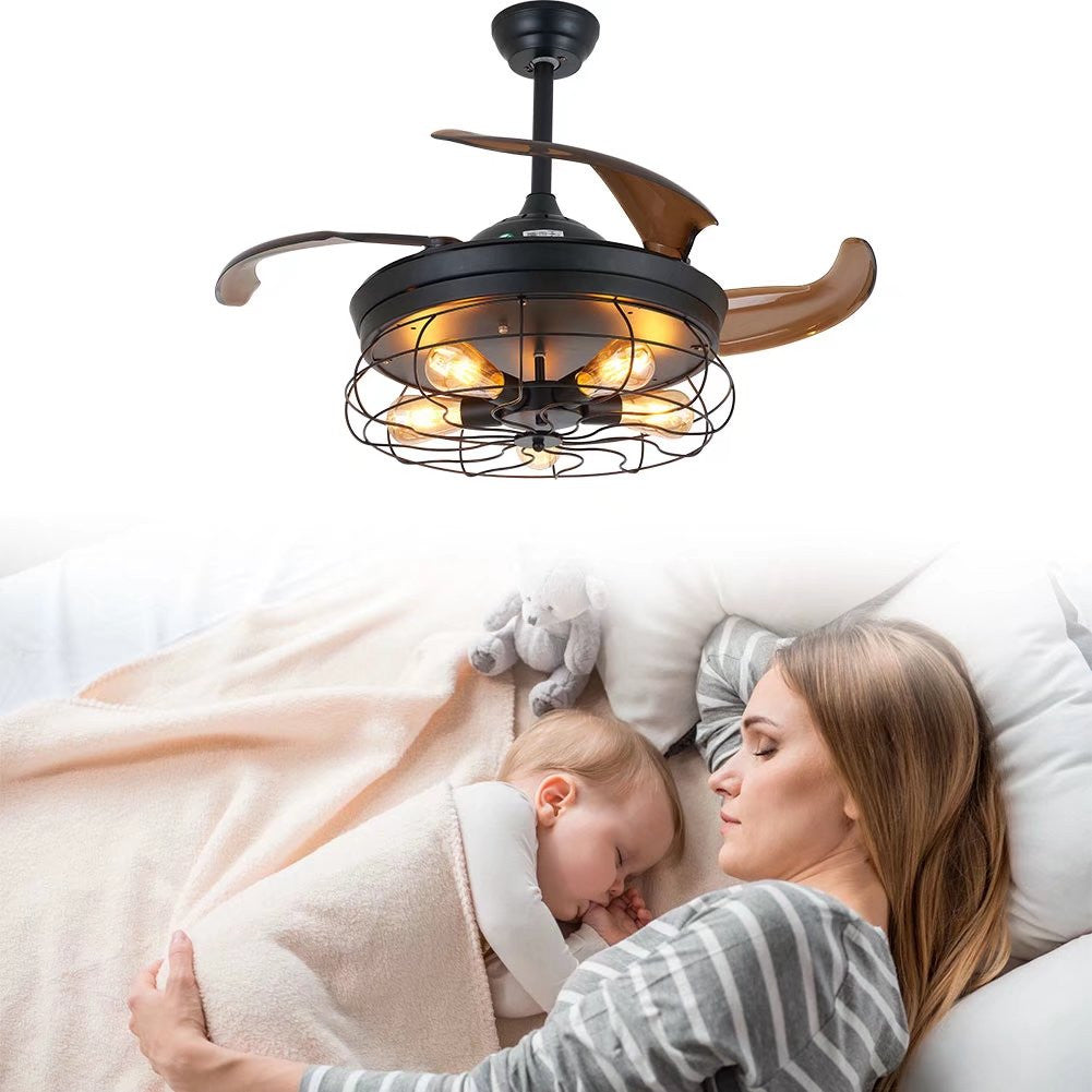 Industrial Caged Ceiling Lamp And Retractable Fan By Homeroots | Ceiling Lamps | Modishstore