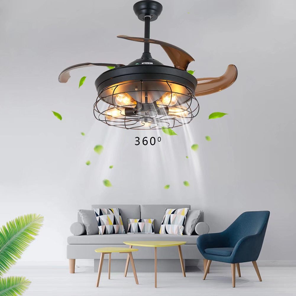 Industrial Caged Ceiling Lamp And Retractable Fan By Homeroots | Ceiling Lamps | Modishstore - 2