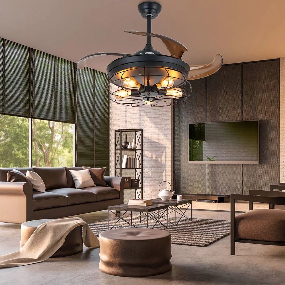 Industrial Caged Ceiling Lamp And Retractable Fan By Homeroots | Ceiling Lamps | Modishstore - 3