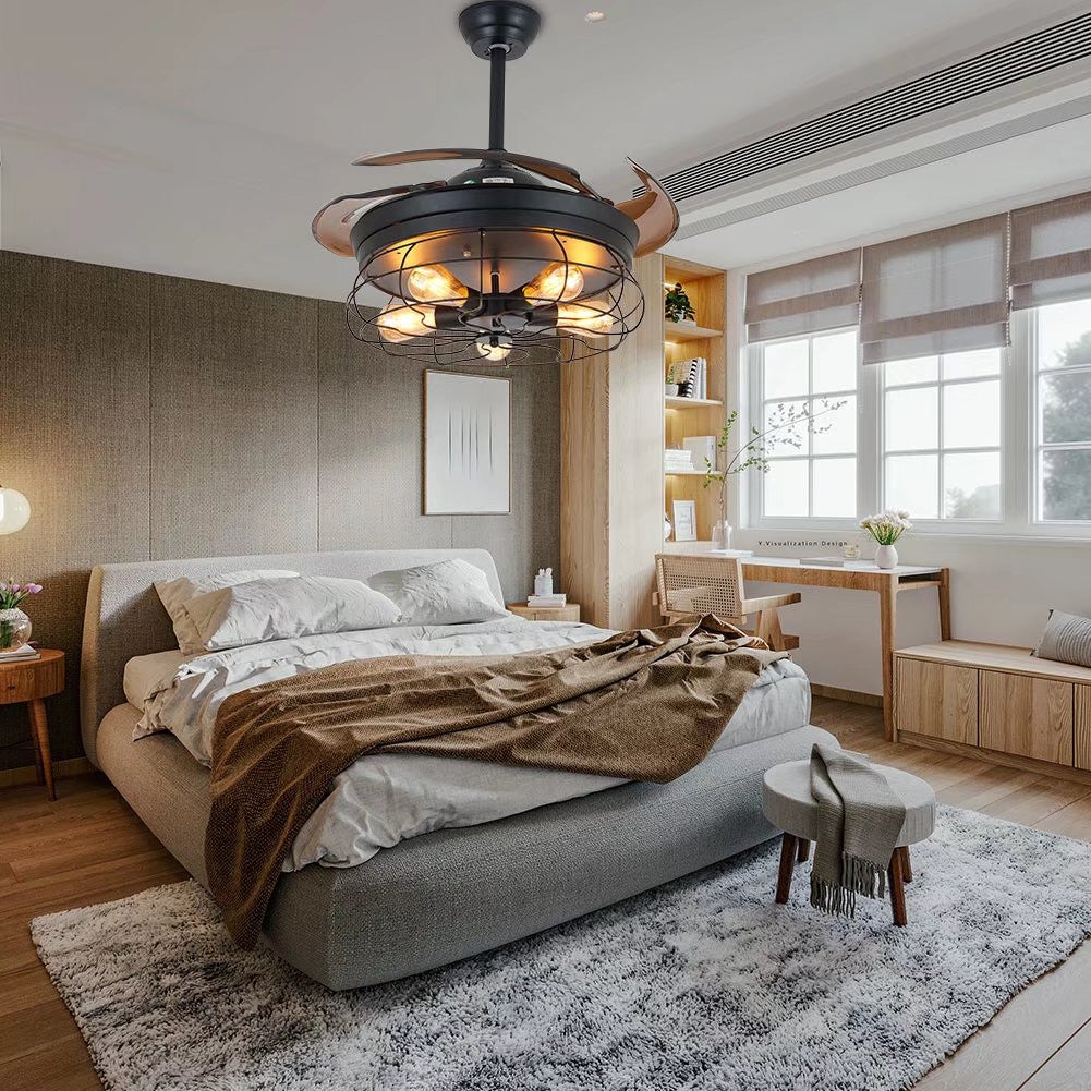 Industrial Caged Ceiling Lamp And Retractable Fan By Homeroots | Ceiling Lamps | Modishstore - 4