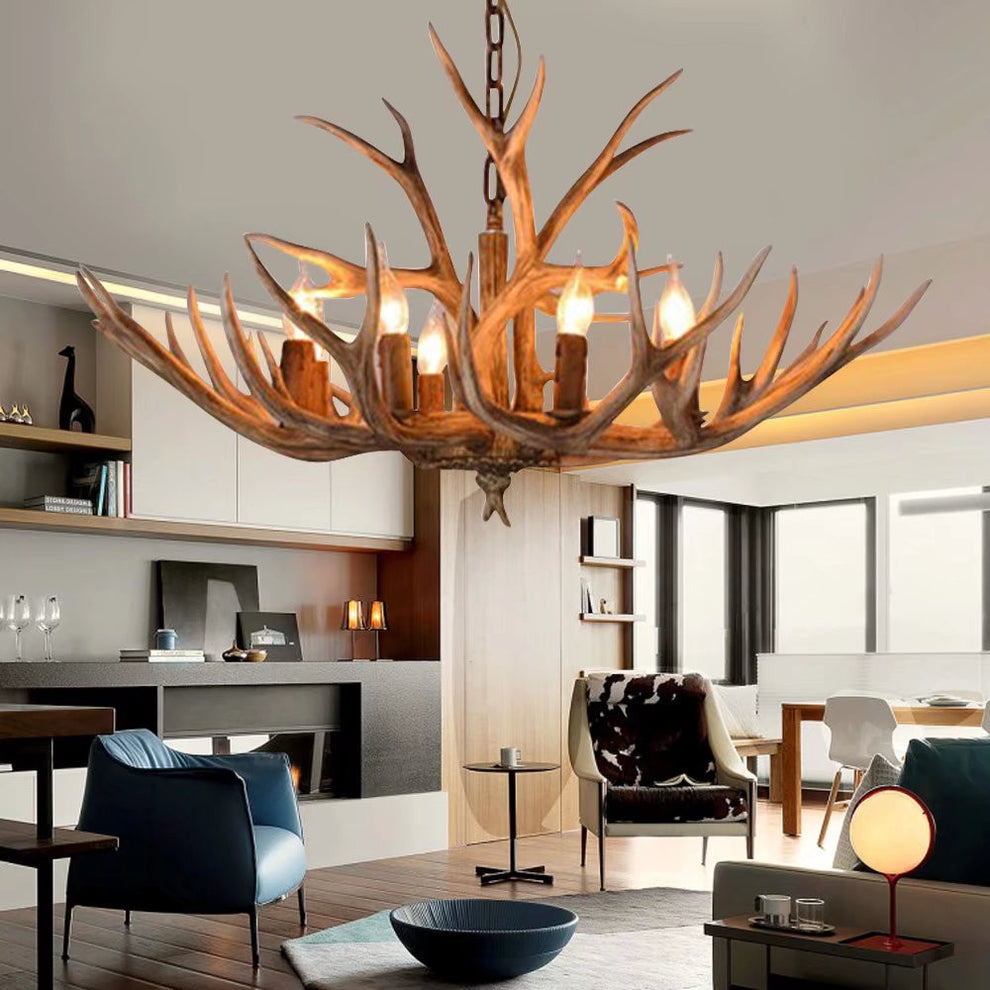 Brown Super Stag Faux Antlers Six Light LED Chandelier By Homeroots | Chandeliers | Modishstore - 5