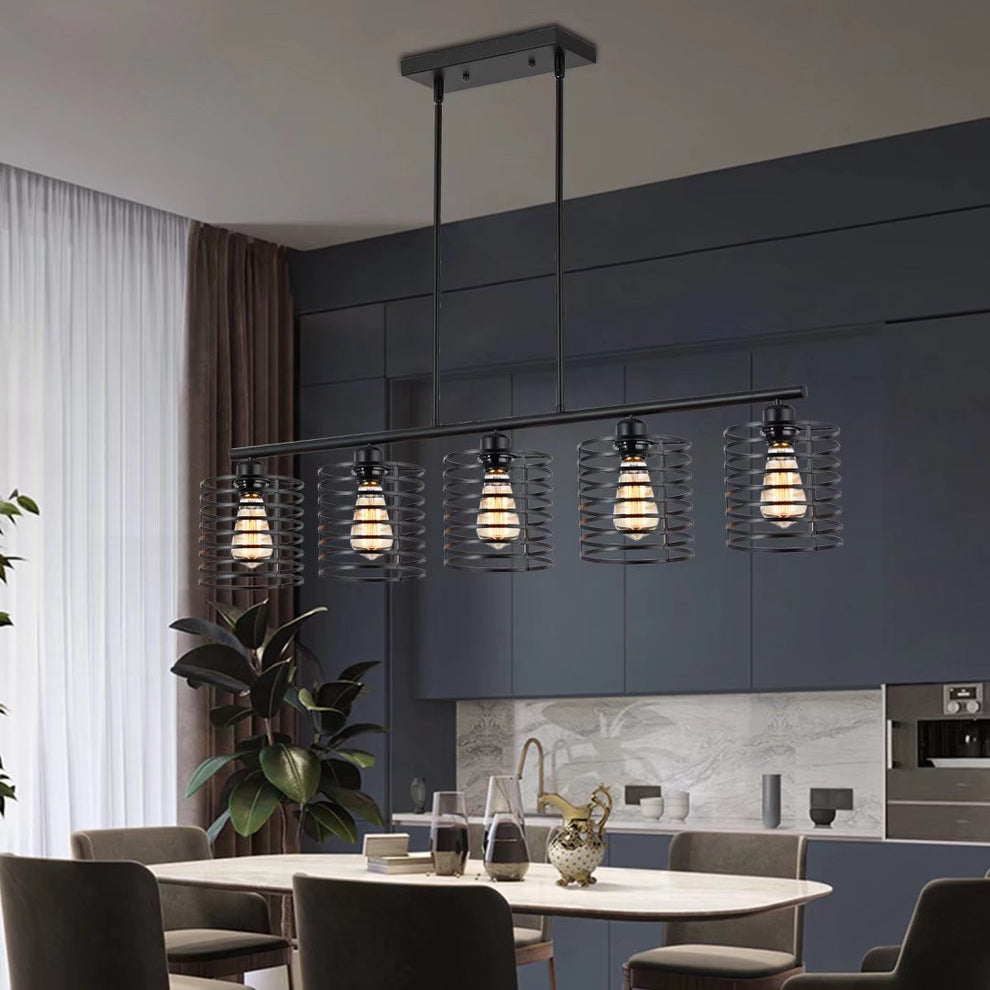 Industrial Black Cage Five Light Metal Pendant Chandelier By Homeroots | Pendant Lamps | Modishstore - 3