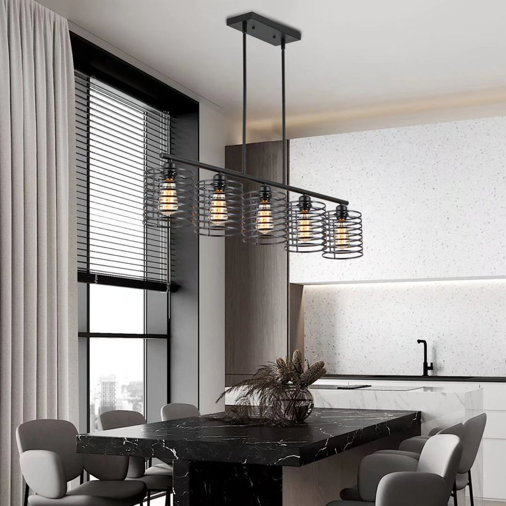 Industrial Black Cage Five Light Metal Pendant Chandelier By Homeroots | Pendant Lamps | Modishstore - 5