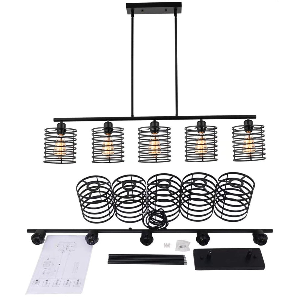 Industrial Black Cage Five Light Metal Pendant Chandelier By Homeroots | Pendant Lamps | Modishstore - 7