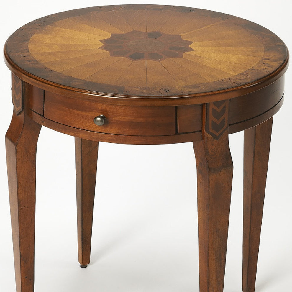 24" Medium Brown And Olive Ash Manufactured Wood Round End Table With Drawer By Homeroots | End Tables | Modishstore - 6