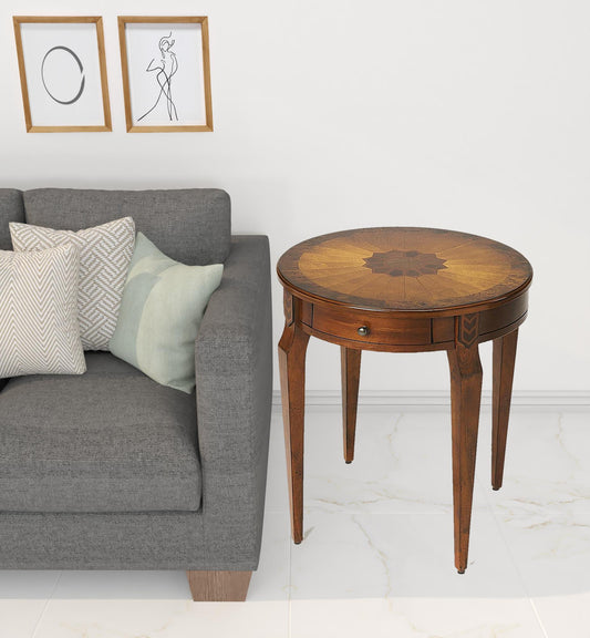 24" Medium Brown And Olive Ash Manufactured Wood Round End Table With Drawer By Homeroots | End Tables | Modishstore