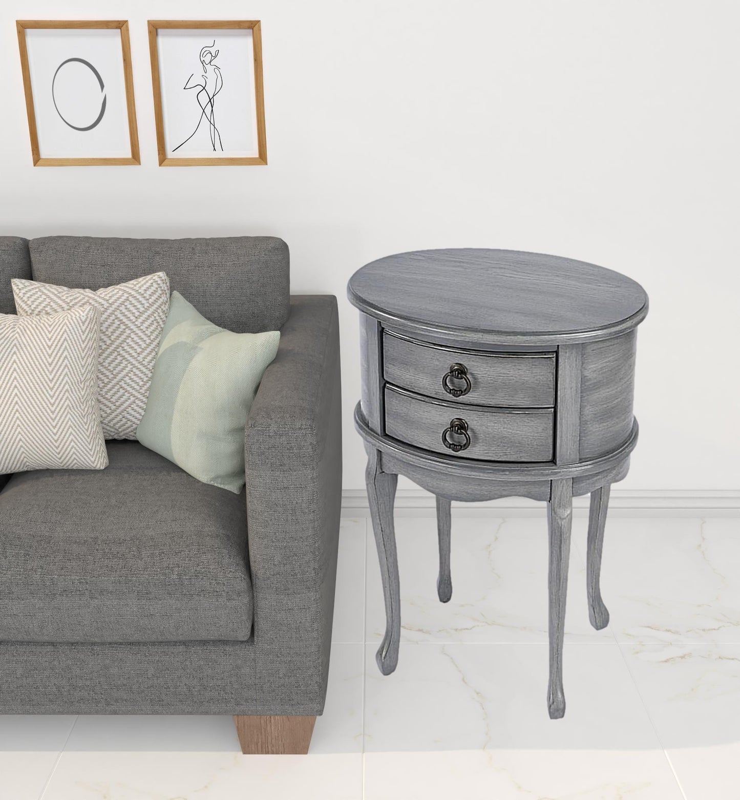 26" Grey And Gray Manufactured Wood Oval End Table With Two Drawers By Homeroots | End Tables | Modishstore