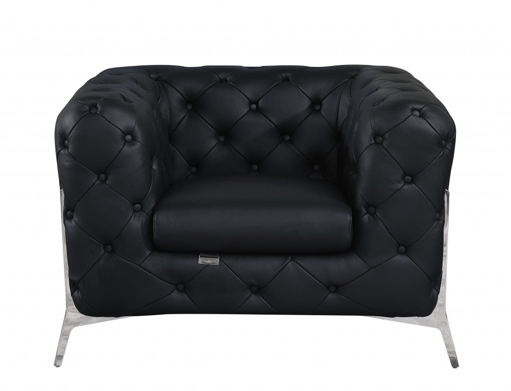 Glam Black and Chrome Tufted Leather Armchair By Homeroots | Armchairs | Modishstore